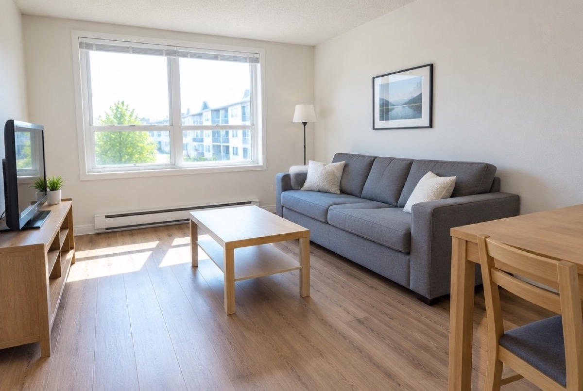 Living room in a unit paying rent through the portal