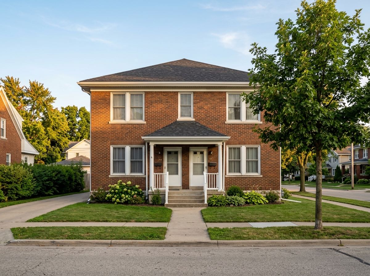 A well-kept brick duplex on a tree-lined street