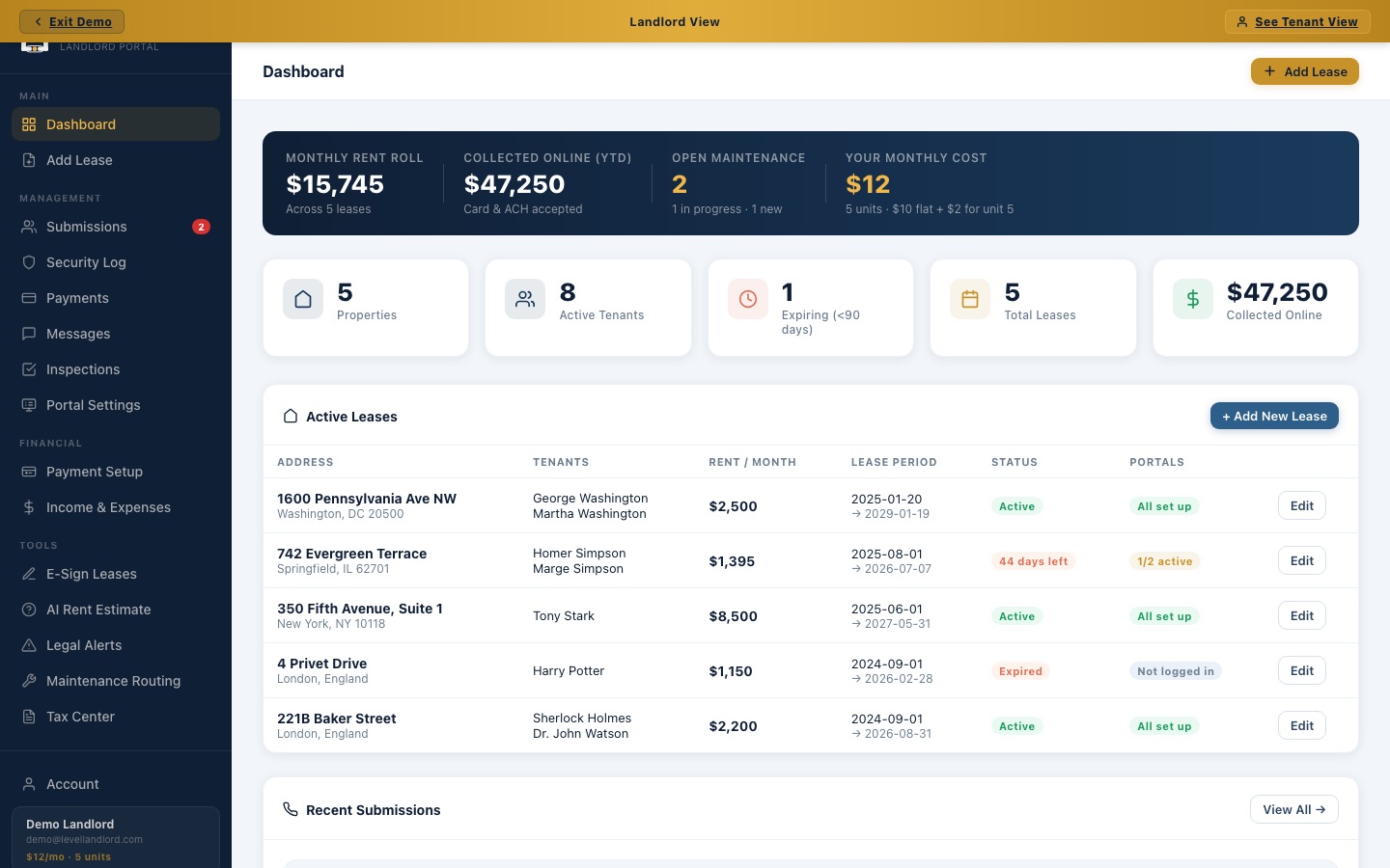 The LevelLandlord Level Hub dashboard showing the rent roll, properties, and active leases
