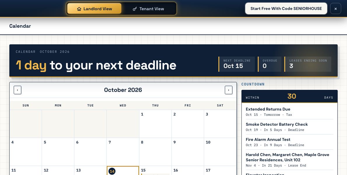 Compliance calendar with upcoming deadlines for the senior building