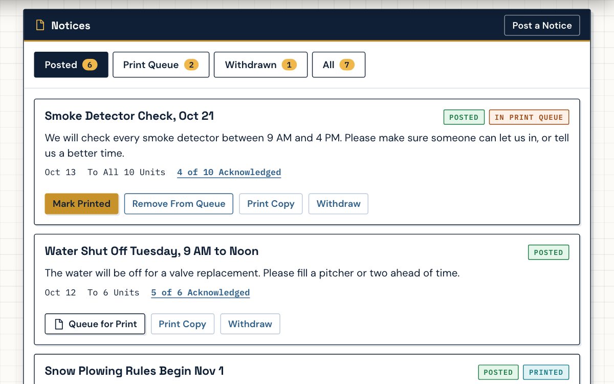 Notices screen for a senior building showing posted notices, a print queue and how many residents acknowledged each one